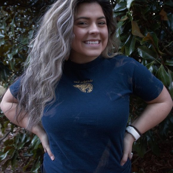 Navy Lightly Bleach Dyed Embroidered Vail Colorado T-Shirt - Picture 3 of 3